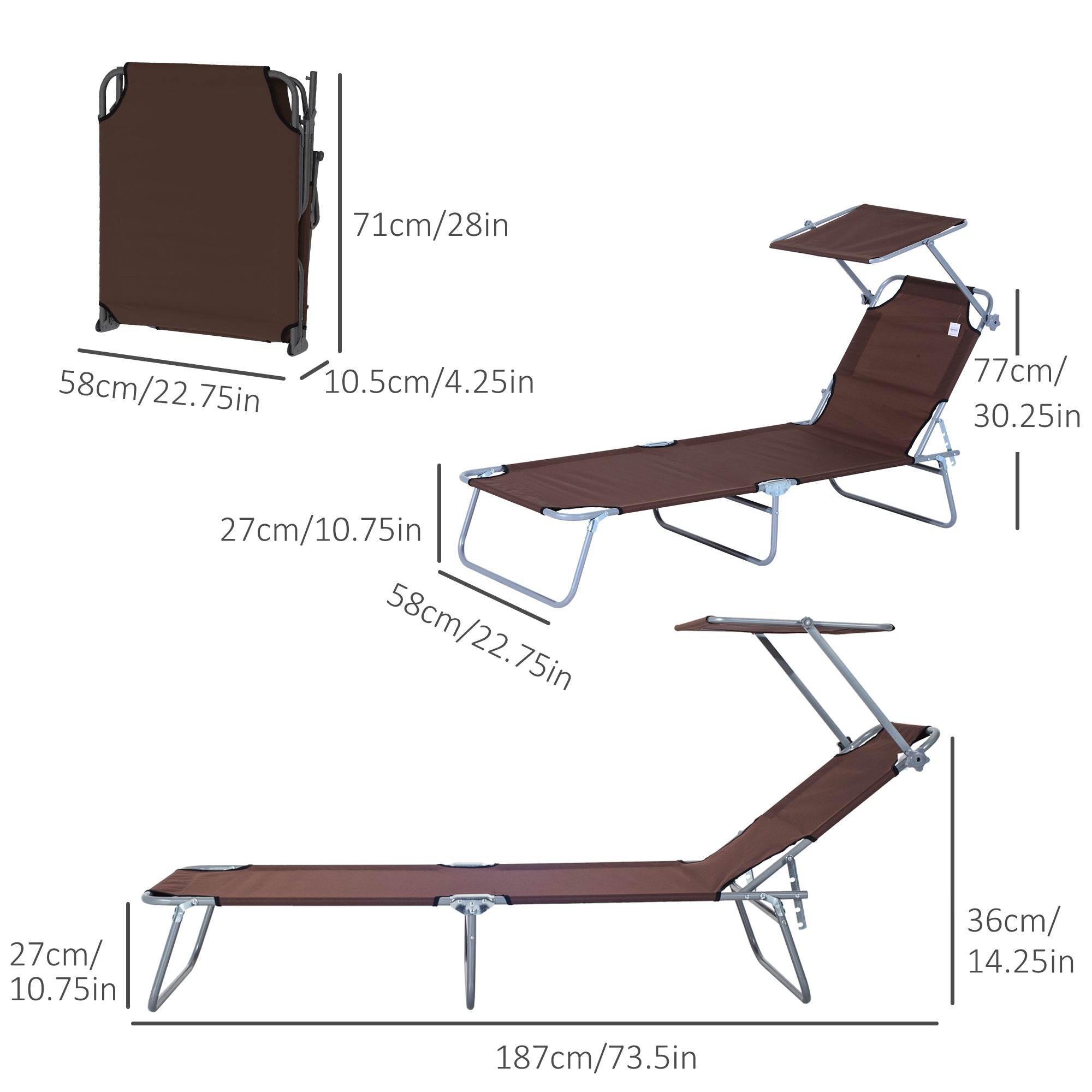 Outdoor Lounge Chair, Adjustable Folding Chaise Lounge,  Tanning Chair with Sun Shade for Beach, Camping, Hiking, Backyard, Brown
