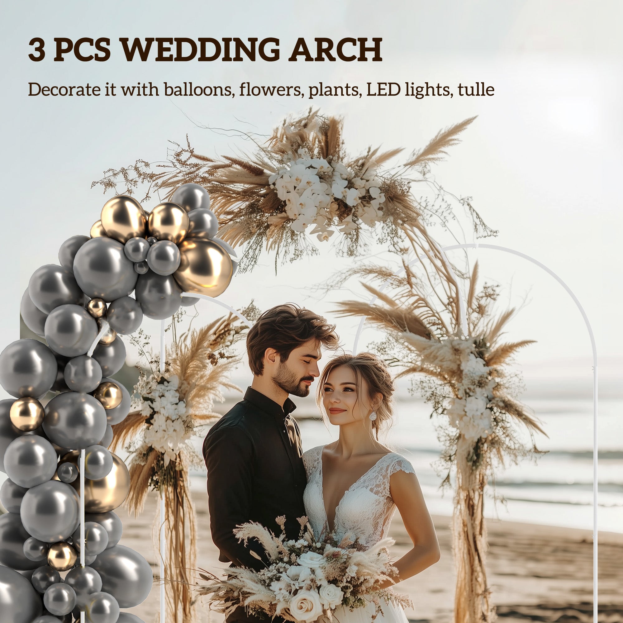 Wedding Arch, 7/6.5/6 ft Metal Balloon Arch Backdrop Stand Set of 3 for Birthday Party, Bridal Shower, White