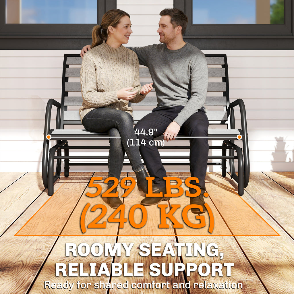 2 Person Outdoor Glider Bench, Patio Glider Loveseat with Faux Wood Slatted Seat and Back, Steel Frame, Grey