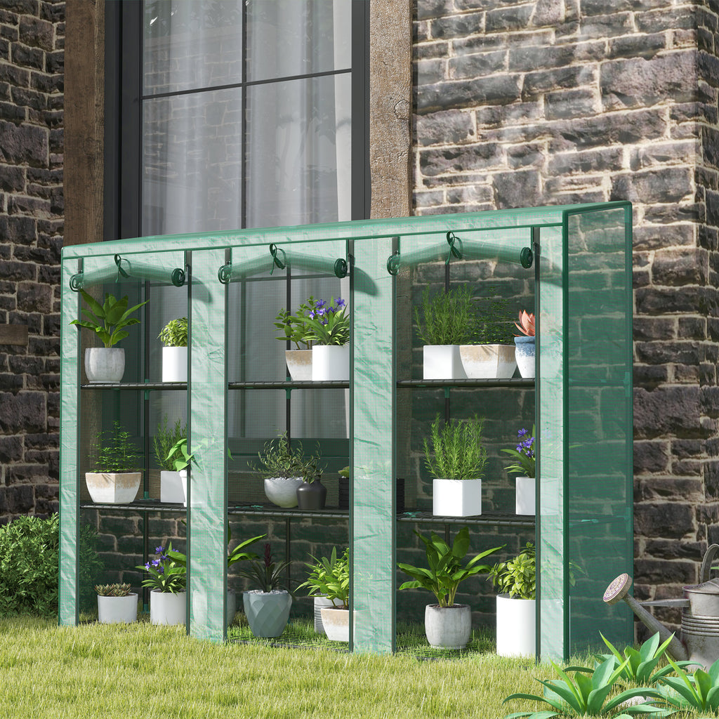 Lean-to Greenhouse with 3 Tier Shelves, Mini Greenhouse with 3 Roll-Up Doors for Indoor Outdoor, Green