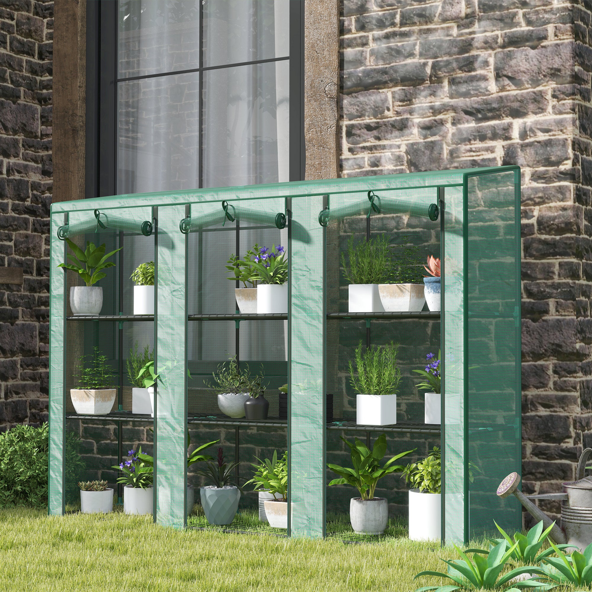 Lean-to Greenhouse with 3 Tier Shelves, Mini Greenhouse with 3 Roll-Up Doors for Indoor Outdoor, Green