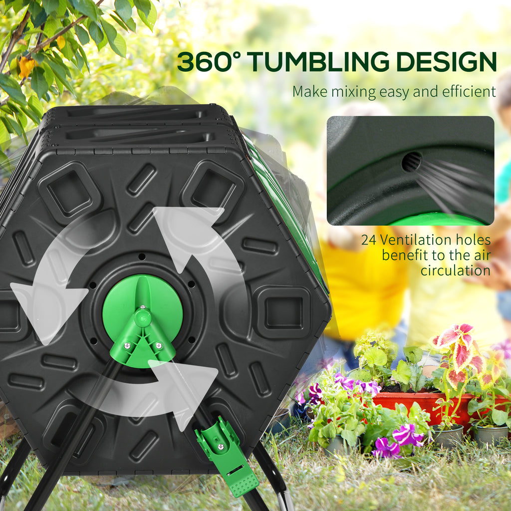 Rotating Composter, Dual Chamber Compost Bin with 24 Vents and Steel Legs, 34.5 Gallon, Green