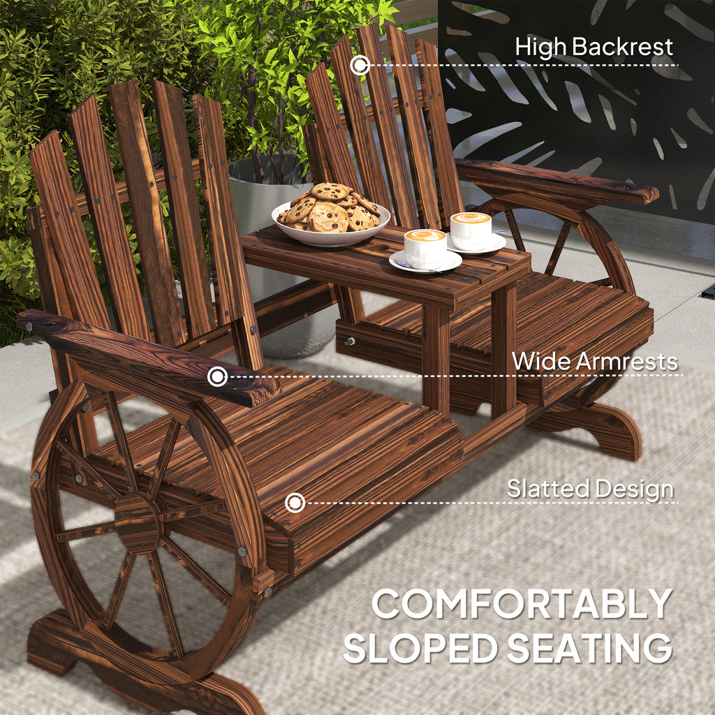 Wooden Outdoor Loveseat, Wagon Wheel Outdoor Bench with Table, Carbonized
