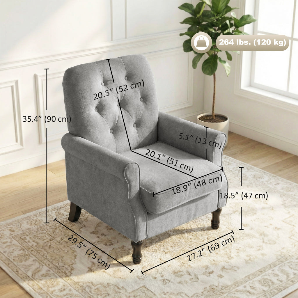 Accent Chair, Mid-Century Modern Armchair with Thick Padded Seat, Spring Cushion, Solid Wood Legs, Grey