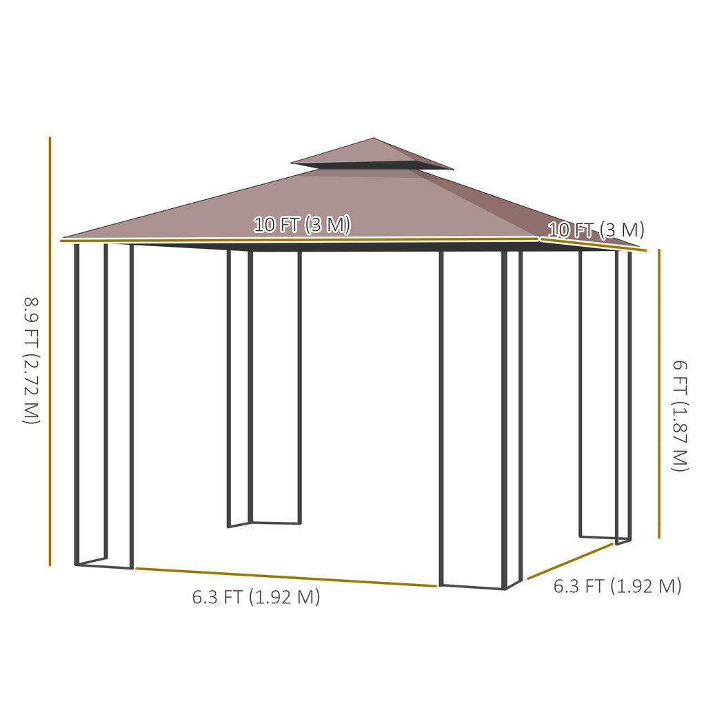 10'x10' Soft-top Steel Patio Gazebo Outdoor Sun Shelter with 2-Tier Polyester Roof, Curtain Sidewalls, Brown