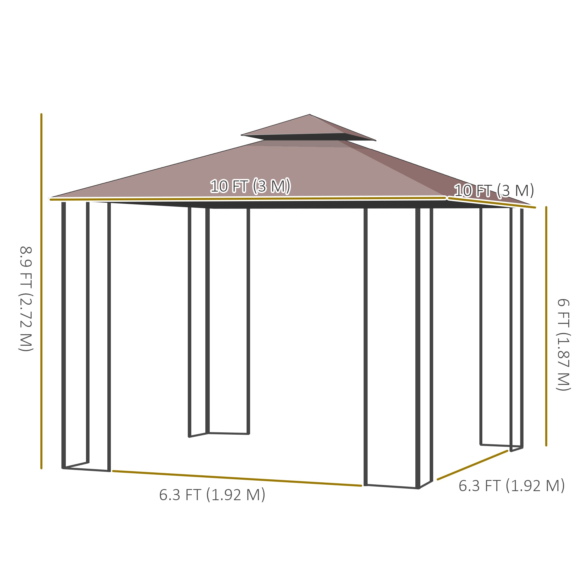 10'x10' Soft-top Steel Patio Gazebo Outdoor Sun Shelter with 2-Tier Polyester Roof, Curtain Sidewalls, Brown