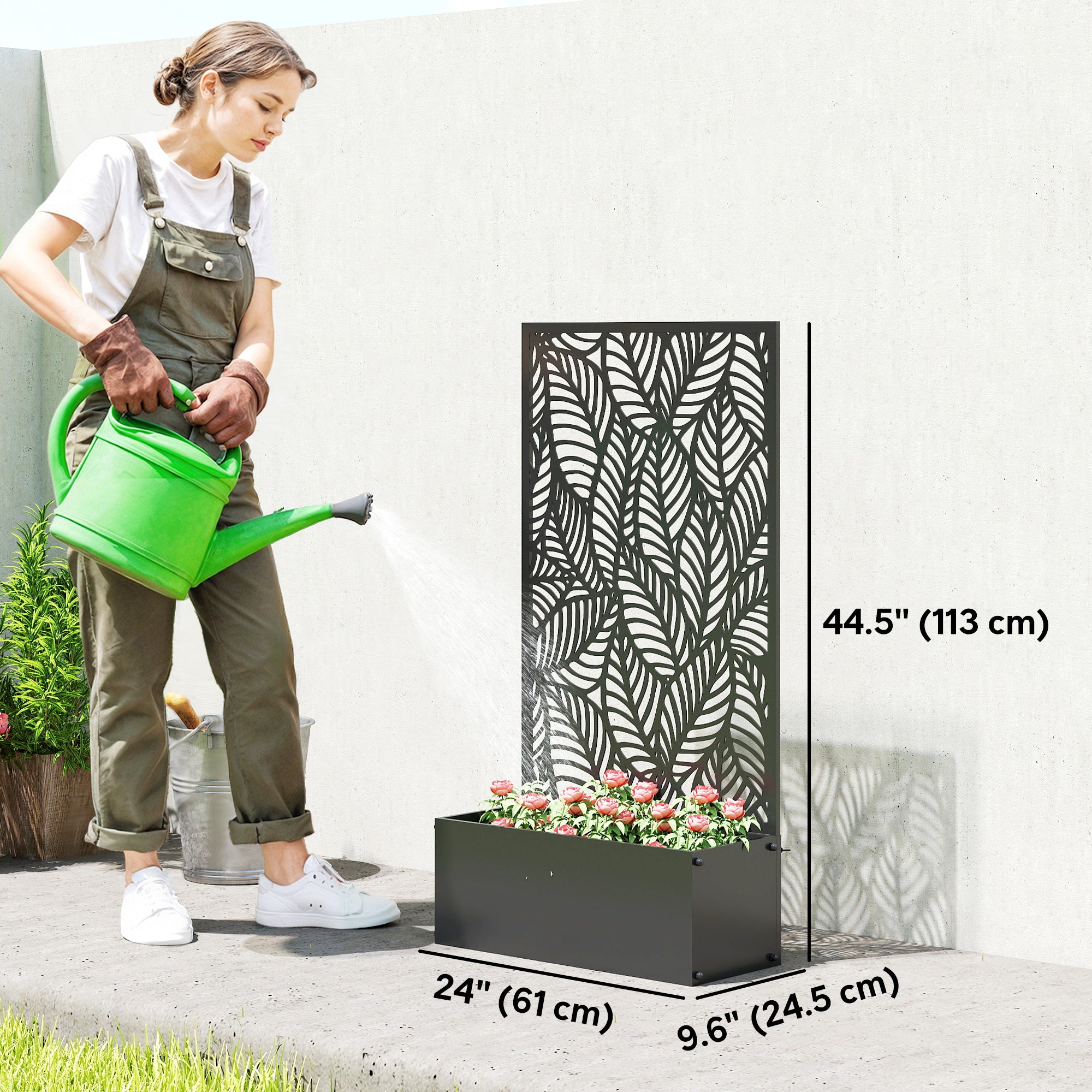 Metal Planter Box with Trellis, 44.5" Raised Garden Bed with Trellis Privacy Screen for Climbing Plants, Leaves Cut-Out