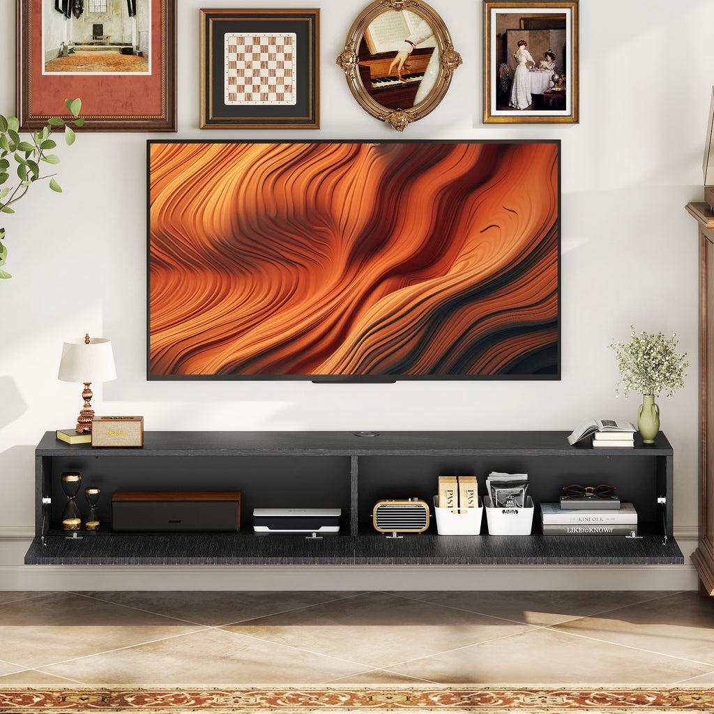 55" Floating TV Stand for TVs up to 72 Inch, Wall Mount Media Console with 2 Fluted Flip-Down Doors, Cable Hole, Black
