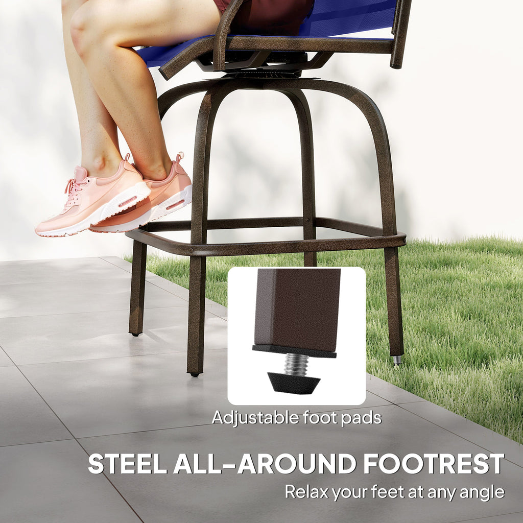 Outdoor Bar Stools Set of 2, Swivel Bar Height Chairs with High Back, Curved Armrests and Steel Frame, Navy Blue