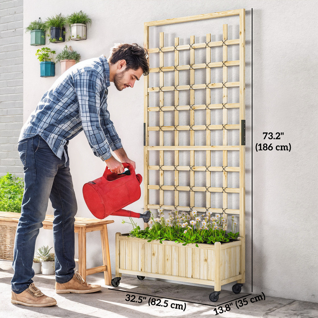 Wooden Planter with Trellis, Raised Garden Bed with Wheels, Drainage Holes for Climbing Plants, Flowers, Nature Wood