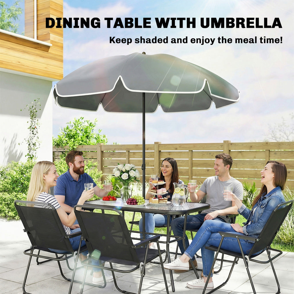 8 Piece Patio Table and Chairs Set with Folding Chairs, Tempered Glass Tabletop and Umbrella for Garden, Black