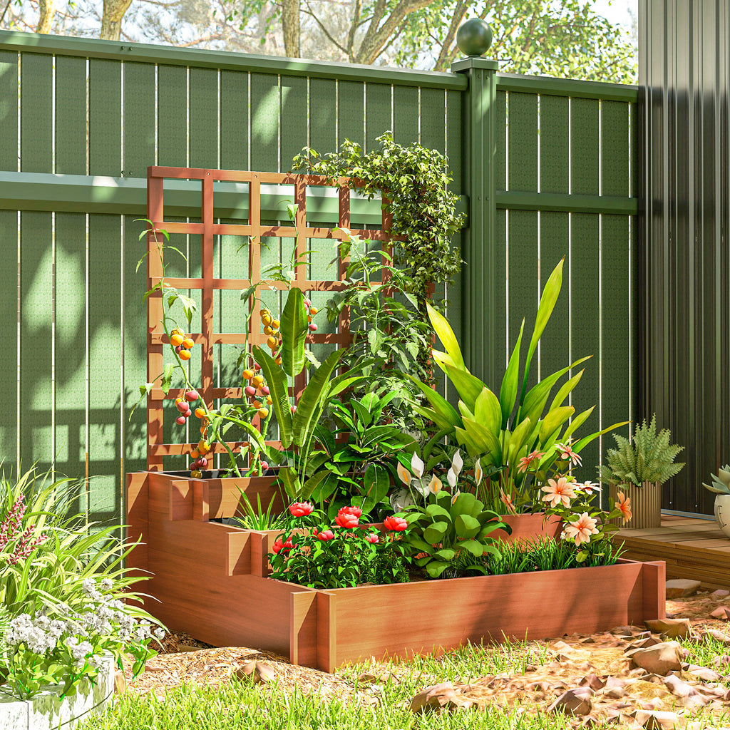 Wooden Elevated Planter Box with Trellis for Climbing Plants, 3 Tier Raised Garden Bed for Garden, Outdoor, Brown