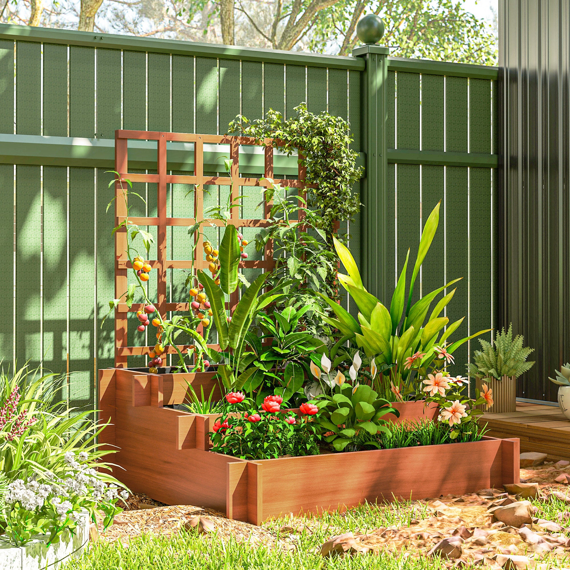 Wooden Elevated Planter Box with Trellis for Climbing Plants, 3 Tier Raised Garden Bed for Garden, Outdoor, Brown