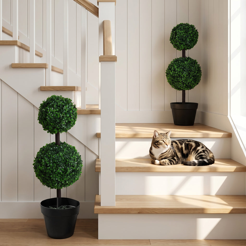 2 Ball Topiary Tree in Pot for Home Decor Set of 2, Artificial Plant for Home Office, Living Room Decor, Dark Green