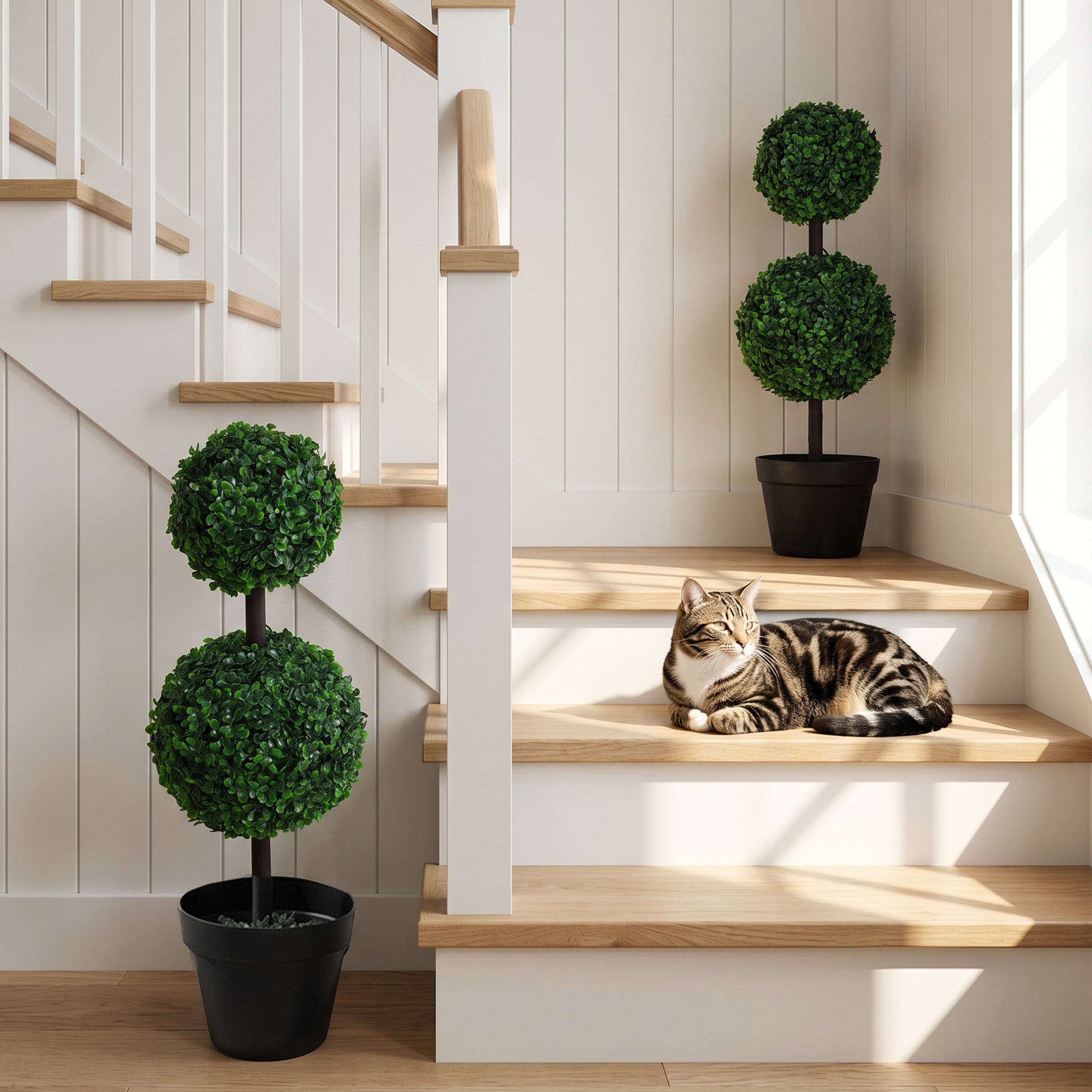 2 Ball Topiary Tree in Pot for Home Decor Set of 2, Artificial Plant for Home Office, Living Room Decor, Dark Green