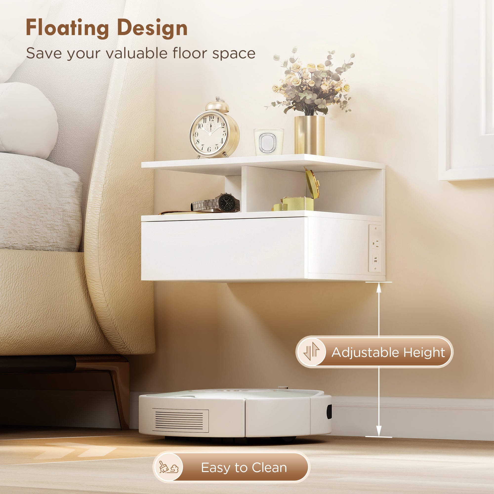 Floating Nightstand Set of 2, Wall Mounted Bedside Table with with Power Outlets, Drawer and Shelf, White