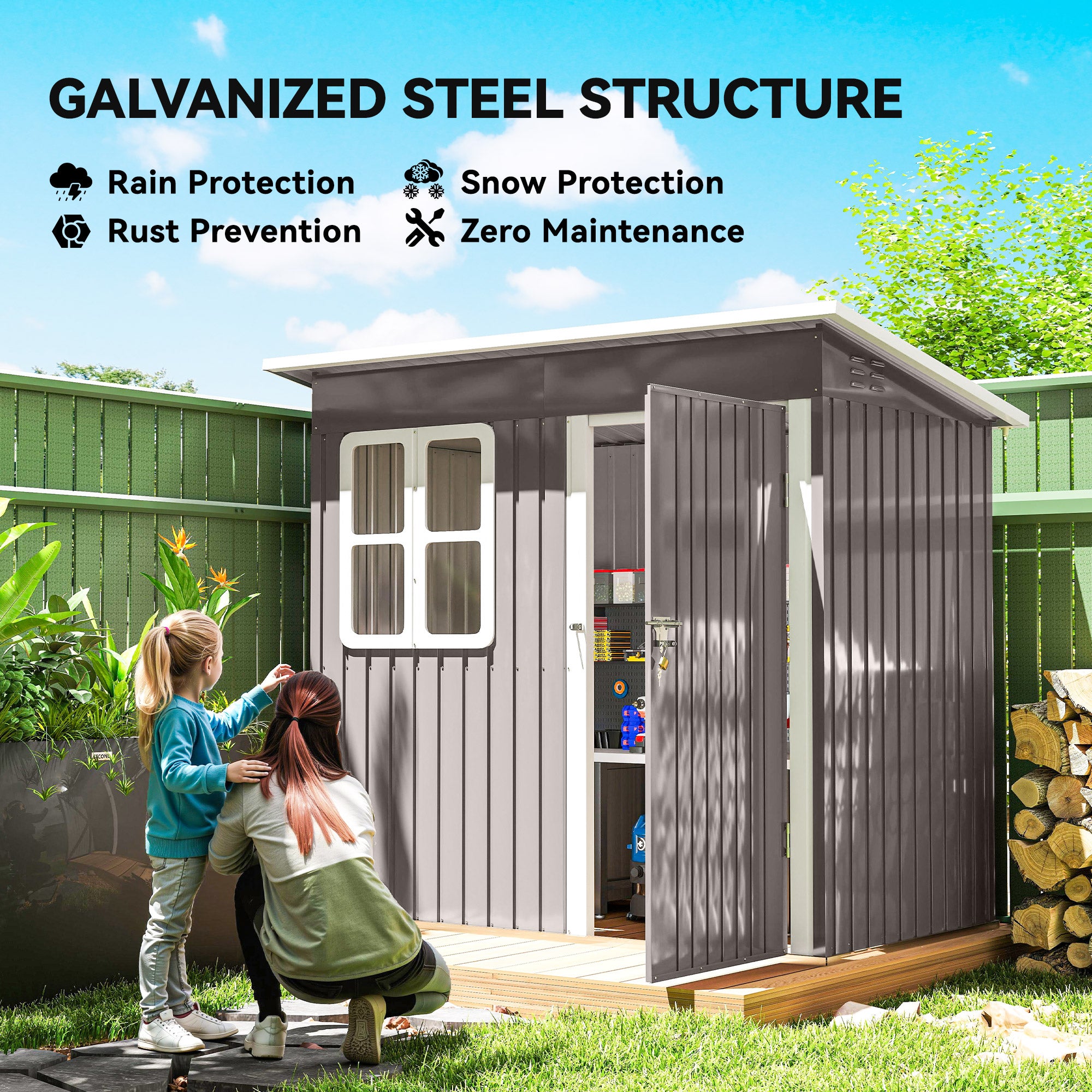 7' x 4' Galvanised Steel Outdoor Storage Shed, Garden Shed with Window, Lockable Wide Door and Air Vents, Warm Grey