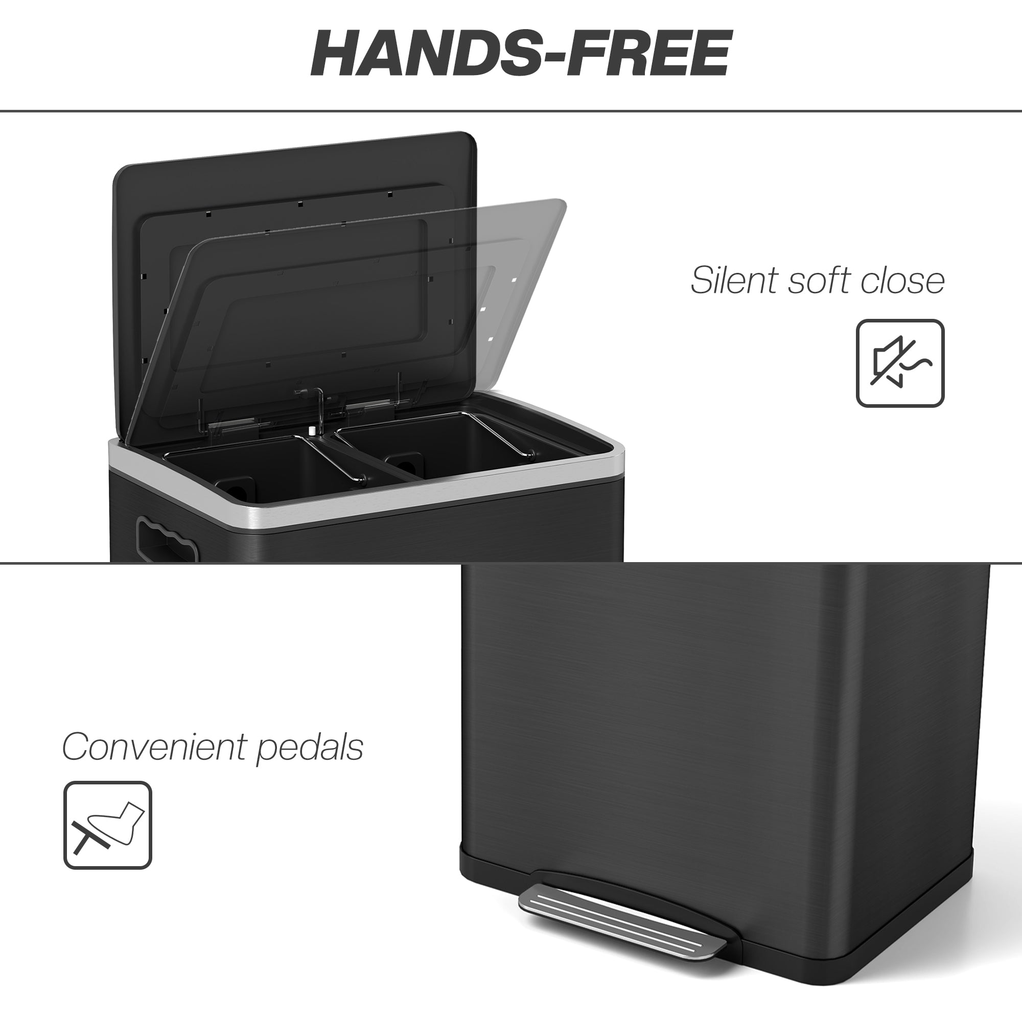 2x5.3 gal (2x20 L) Garbage Bin, Stainless Steel Garbage Can with Soft-Close Lid and Removable Inner Buckets, Black