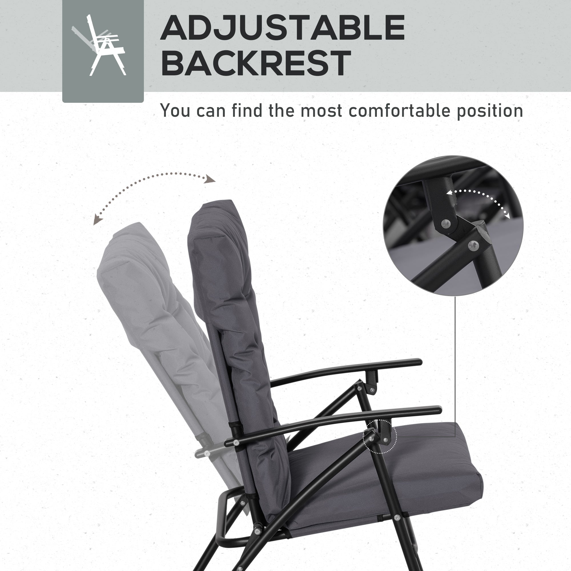 Set of 2 Outdoor Folding Chairs with Adjustable Backrest, Padded Camping Chairs for Outdoor Events, Grey