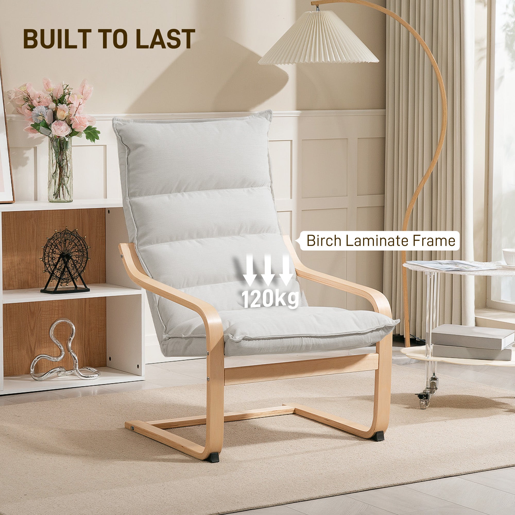 Birch Wood Fabric Modern Armchair, Accent Chair with Curved Leg and Arm for Living Room, Cream White
