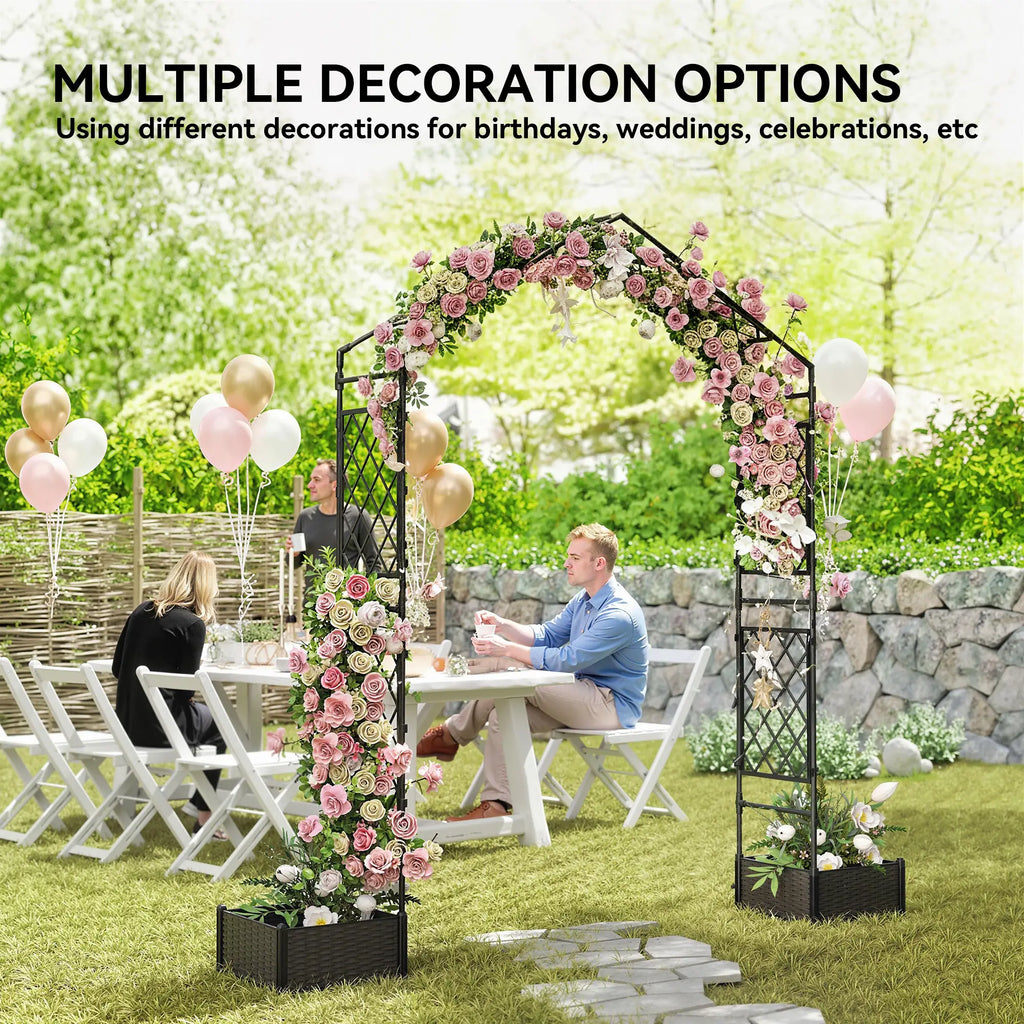 Black outdoor garden arch arbor with planter boxes and climbing plant trellis 12