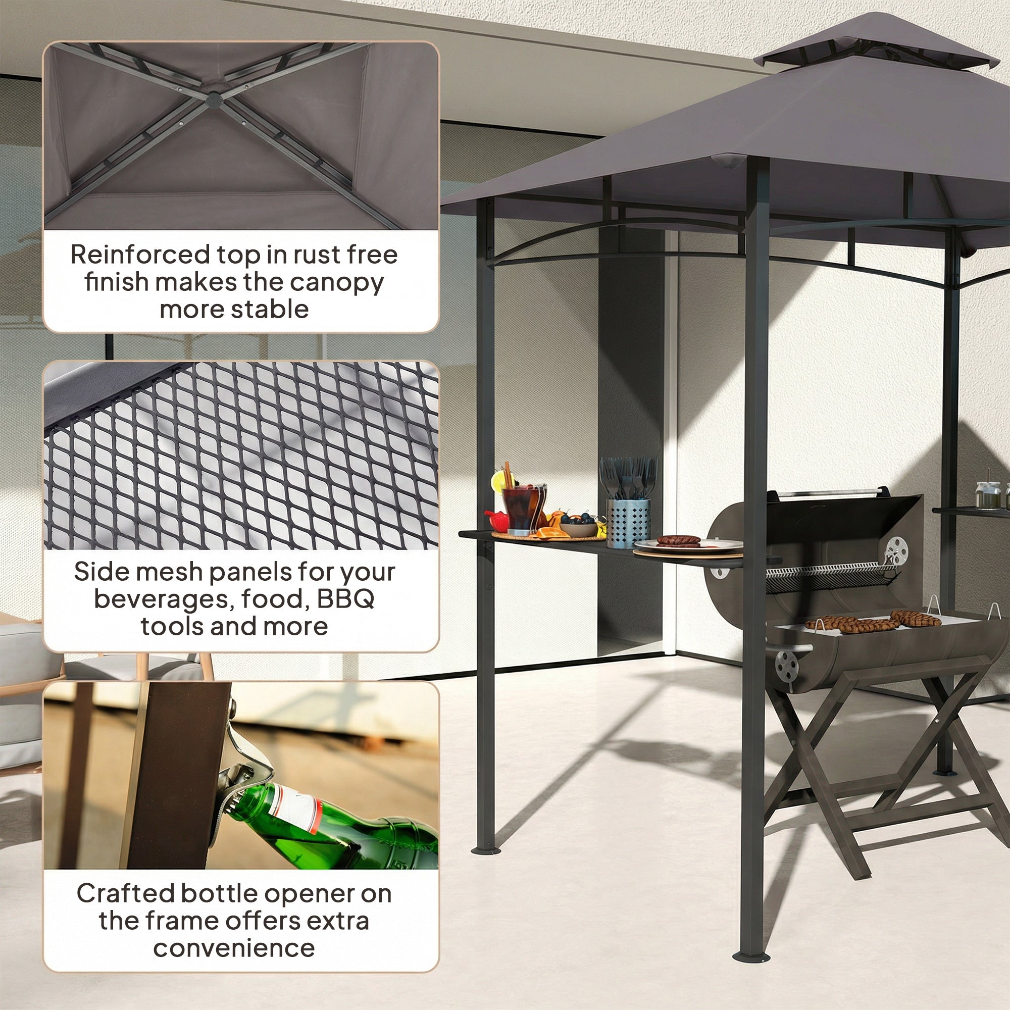 8' x 5' BBQ Grill Gazebo Tent with Double Tiered Canopy for Outdoor Sun Shade, Dark Grey