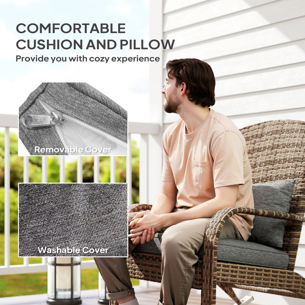 Adirondack Chair, Outdoor Wicker Rocking Chair with High Back, Seat Cushion and Pillow for Porch, Balcony, Grey/Yellow