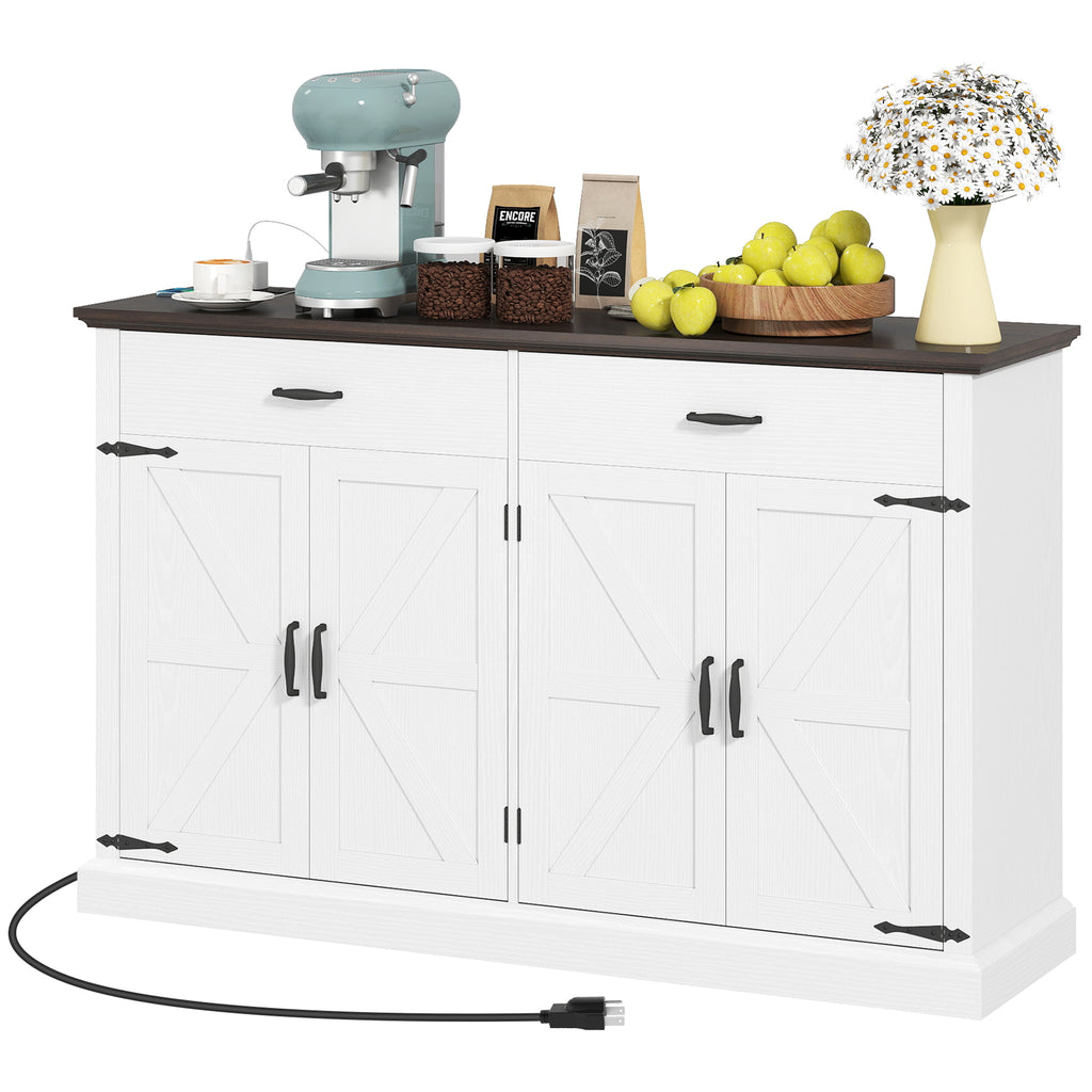 55" Buffet Cabinet, Farmhouse Sideboard with 1.2" Thick Top, 4 Barn Doors, 2 Drawers and 2 Adjustable Shelves, White