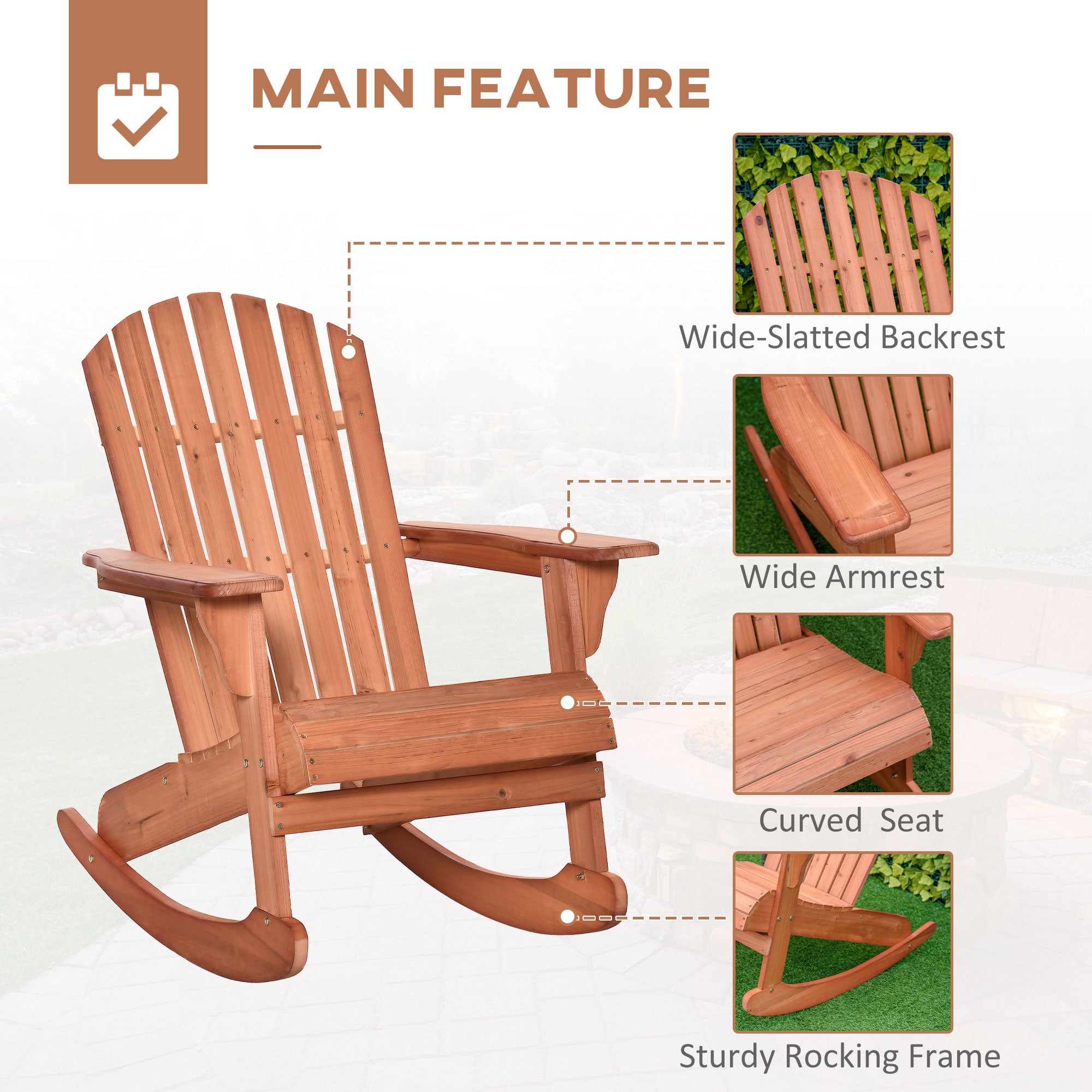 Wooden Adirondack Rocking Muskoka Chair with Slatted Wooden Design, Fanned Back and Classic Rustic Style, Teak