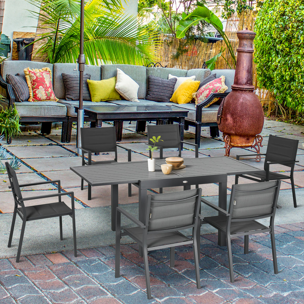 Patio Dining Set for 6, Aluminum Expandable Outdoor Table and 6 Stackable Chairs with Padded Back, Mesh Seat, Dark Grey