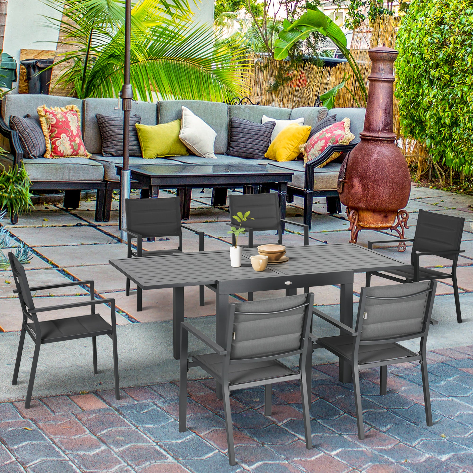 Patio Dining Set for 6, Aluminum Expandable Outdoor Table and 6 Stackable Chairs with Padded Back, Mesh Seat, Dark Grey