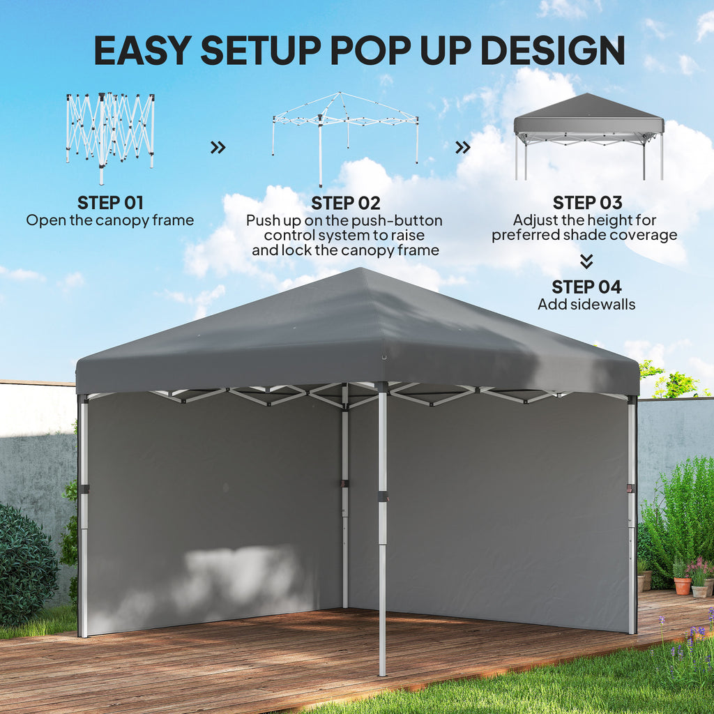 10' x 10' Pop Up Canopy with Sidewalls, Roller Bag, Height Adjustable Instant Tent for Outdoor, Garden, Patio, Grey