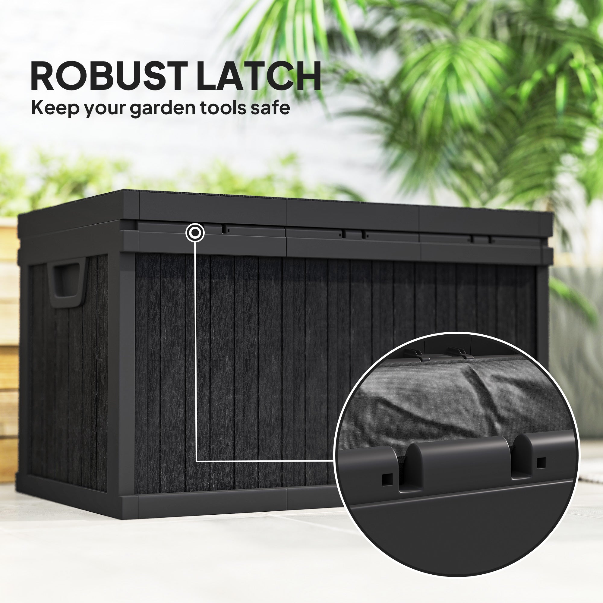 70 Gallon Deck Box, Resin Outdoor Storage Box with Handles, Waterproof Storage Container for Garden Tools, Black
