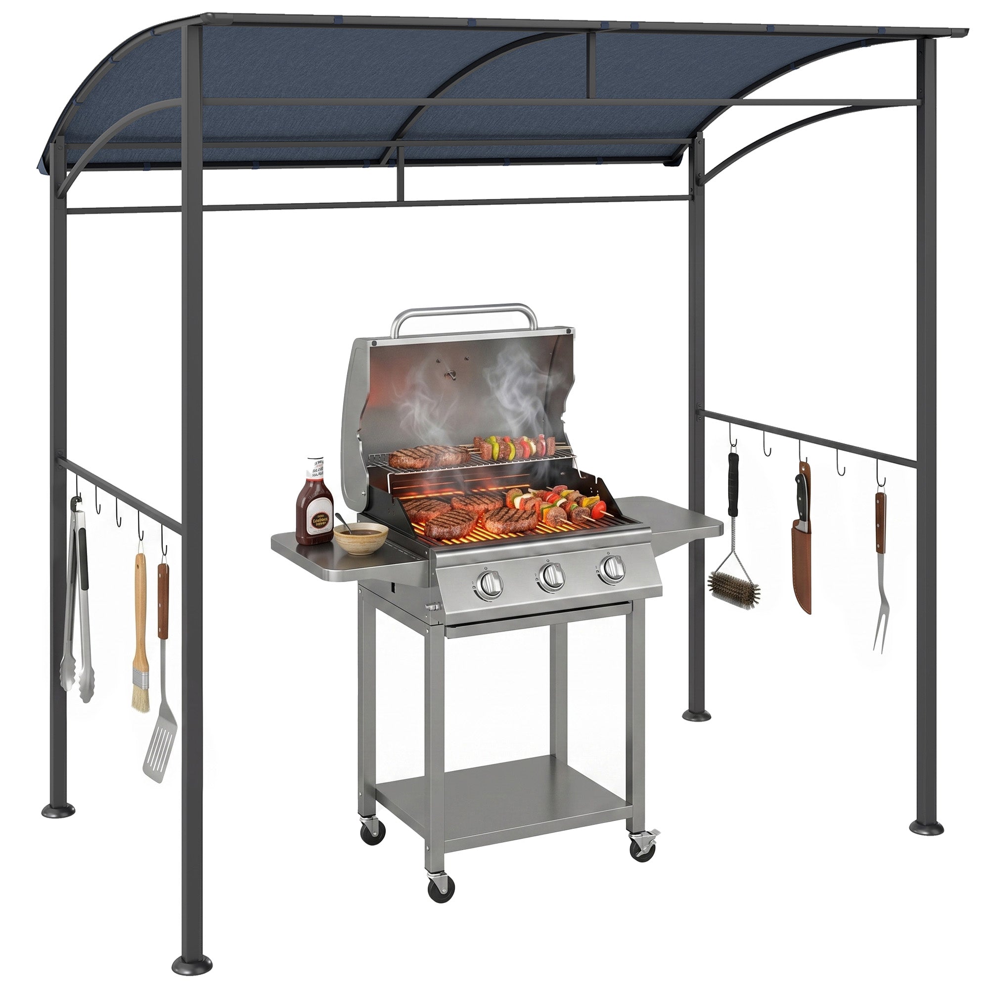 7' x 5' BBQ Grill Gazebo Tent, Garden Grill Canopy with Steel Frame and Hooks, Outdoor Sun Shade, Grey
