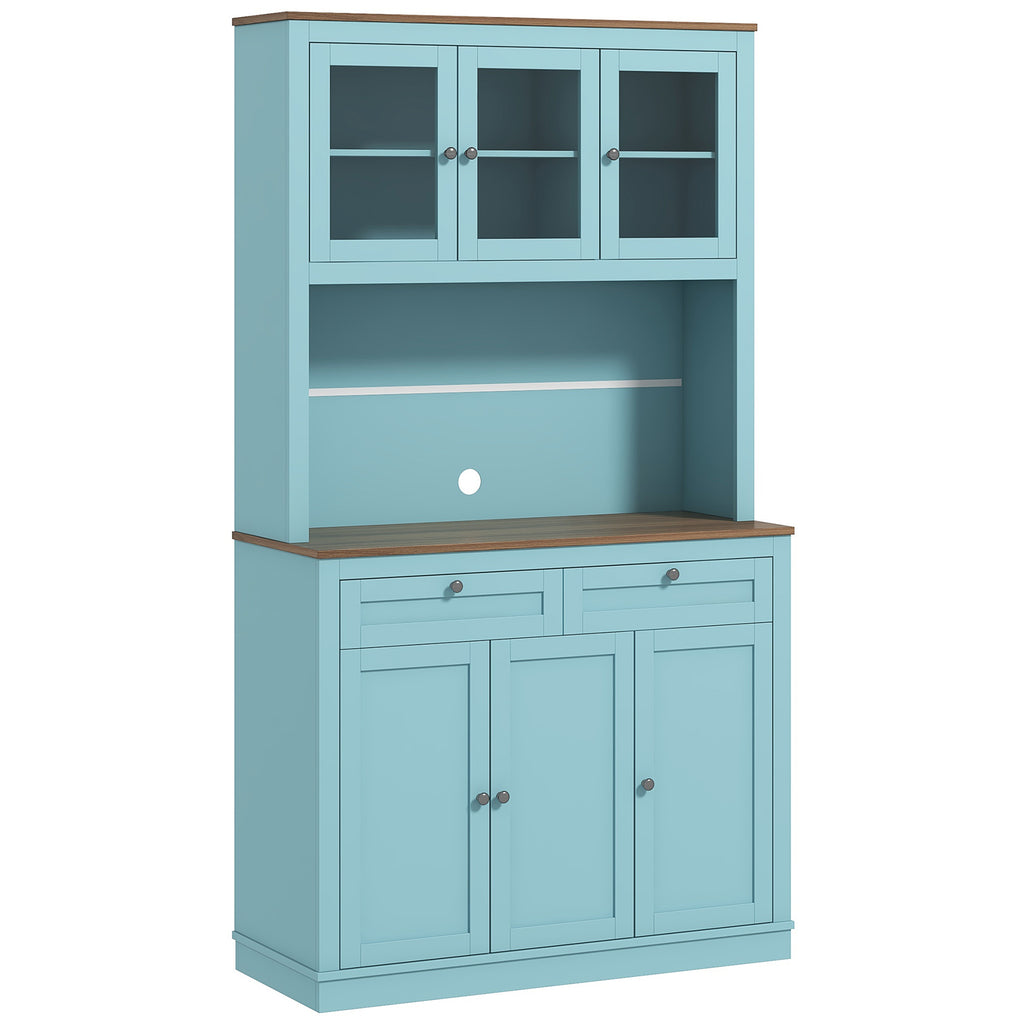 71" Pantry Cabinet with Microwave Space, Buffet with Hutch, 2 Drawers, Adjustable Shelves and Glass Doors, Blue
