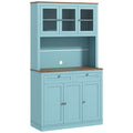 71" Pantry Cabinet with Microwave Space, Buffet with Hutch, 2 Drawers, Adjustable Shelves and Glass Doors, Blue