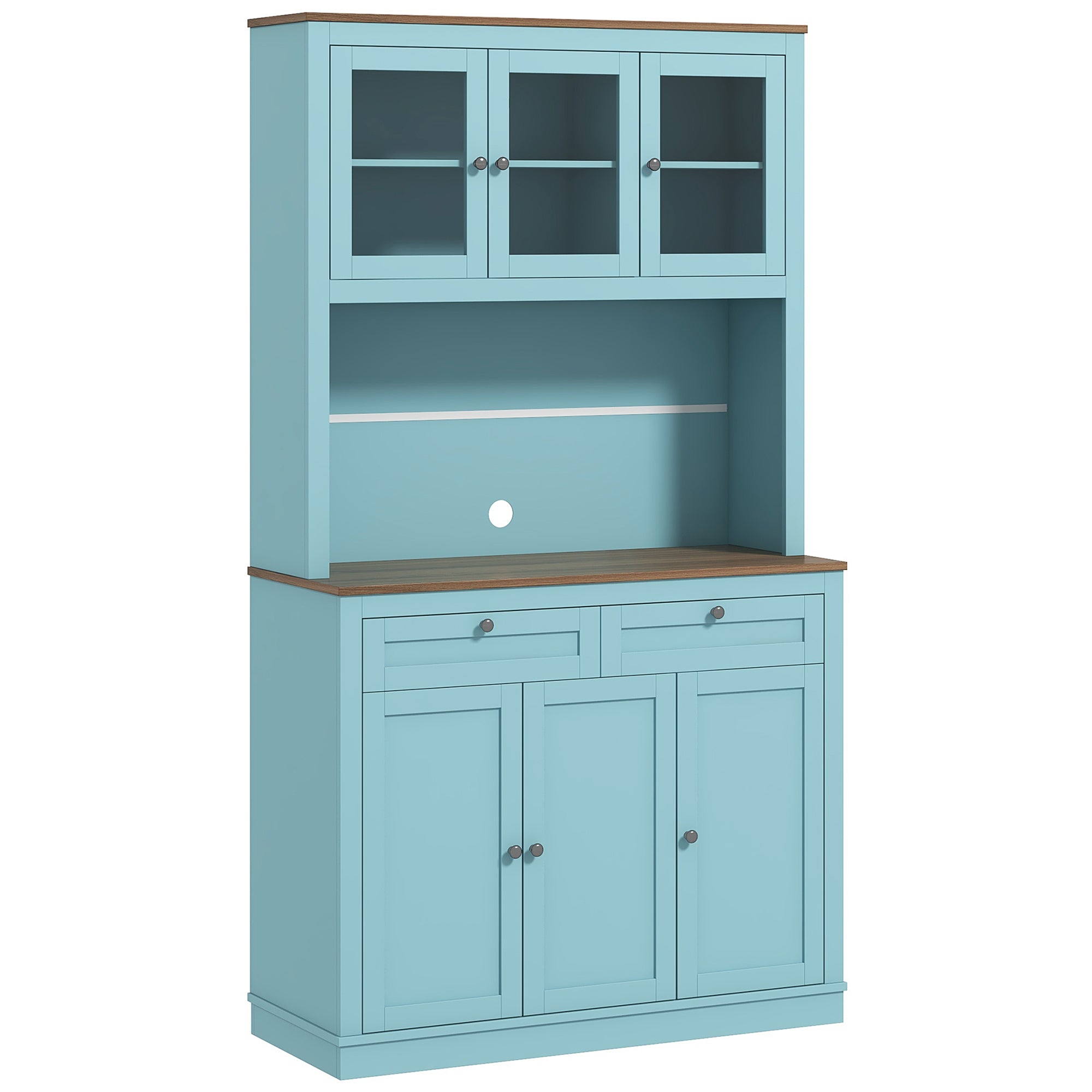 71" Pantry Cabinet with Microwave Space, Buffet with Hutch, 2 Drawers, Adjustable Shelves and Glass Doors, Blue