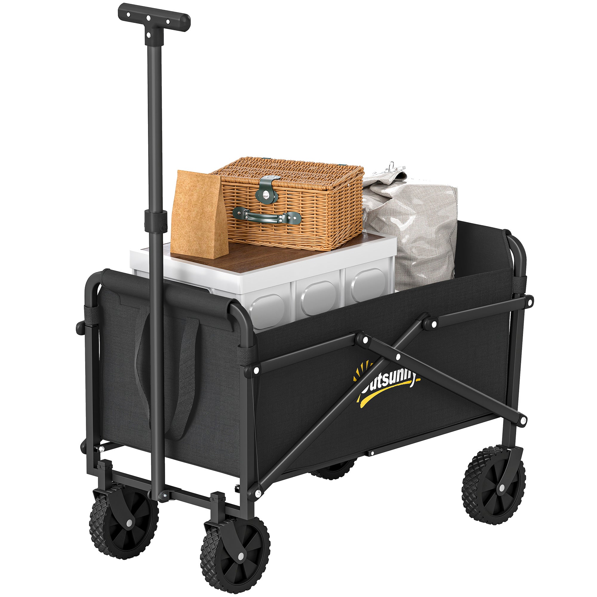 Small Collapsible Folding Garden Cart, Heavy Duty Lawn Wagon with Universal Wheels and Adjustable Handle, Black