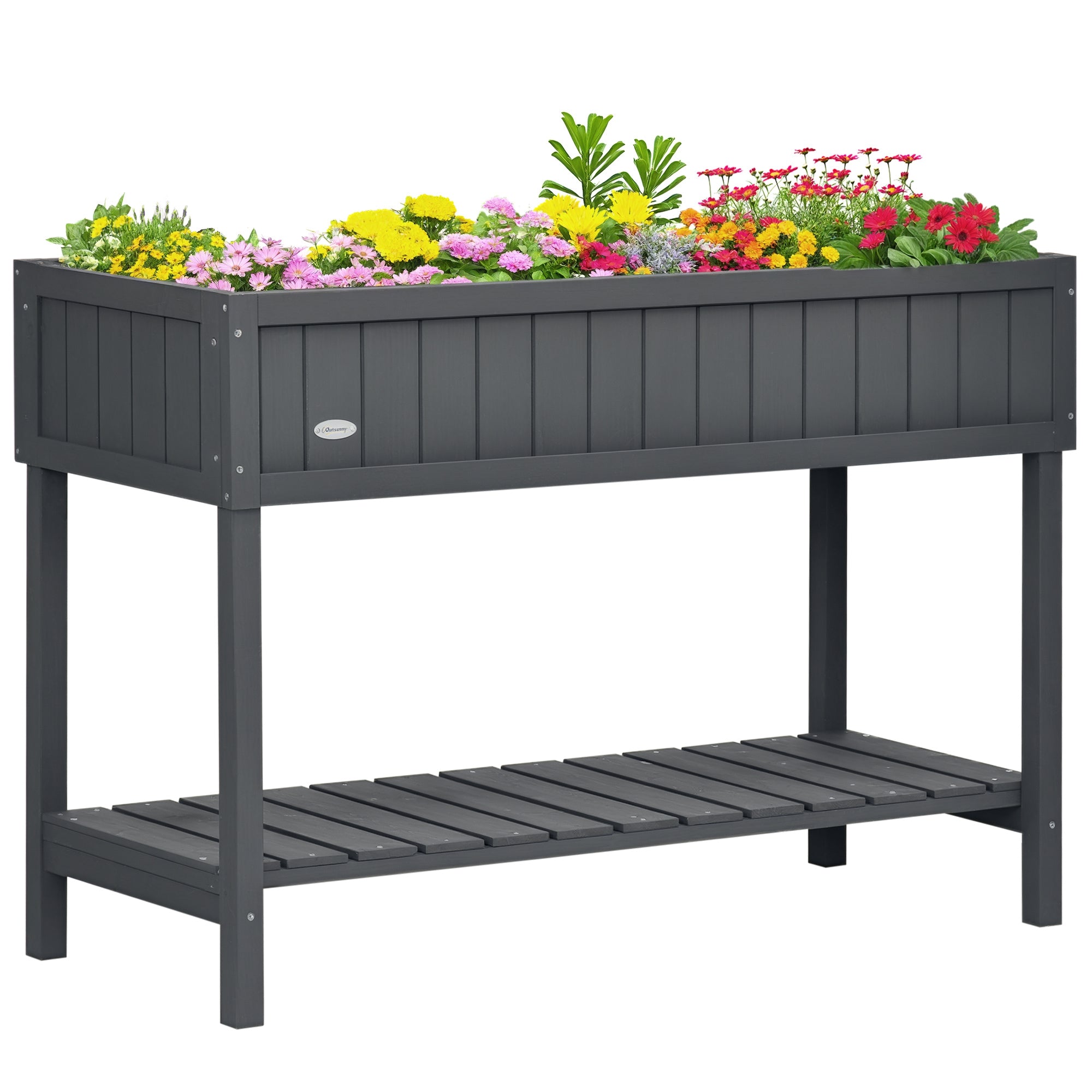 43.25" x 18" x 30" Raised Garden Bed, Wooden Plant Stand with 8 Grid Box, Storage Shelf for Outdoor, Dark Grey