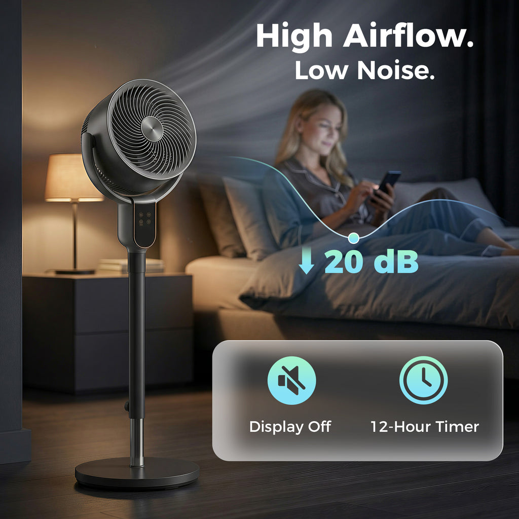 20dB Standing Fan for Bedroom, 70Â°+90Â° Auto Oscillating Fan with 8 Speeds, Remote Control, 12H Timer, Adjustable Height