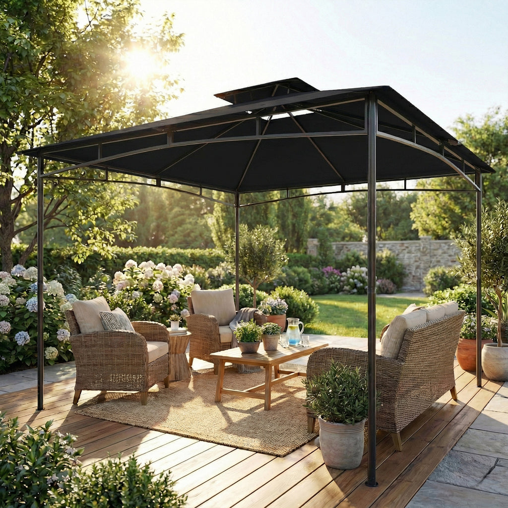 10' x 10' Gazebo, Soft Top Outdoor Gazebo with 2-Tier Roof, Metal Frame, Black