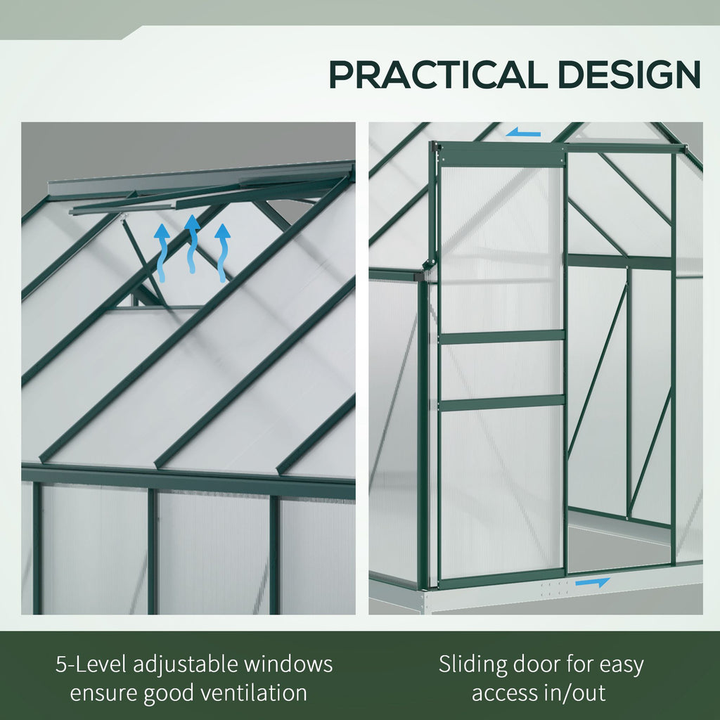 6' x 12' x 6.5' Polycarbonate Greenhouse, Walk-in Green House with Adjustable Roof Vent Galvanized Base Sliding Door Rain Gutter for Outdoor Garden Backyard, Green