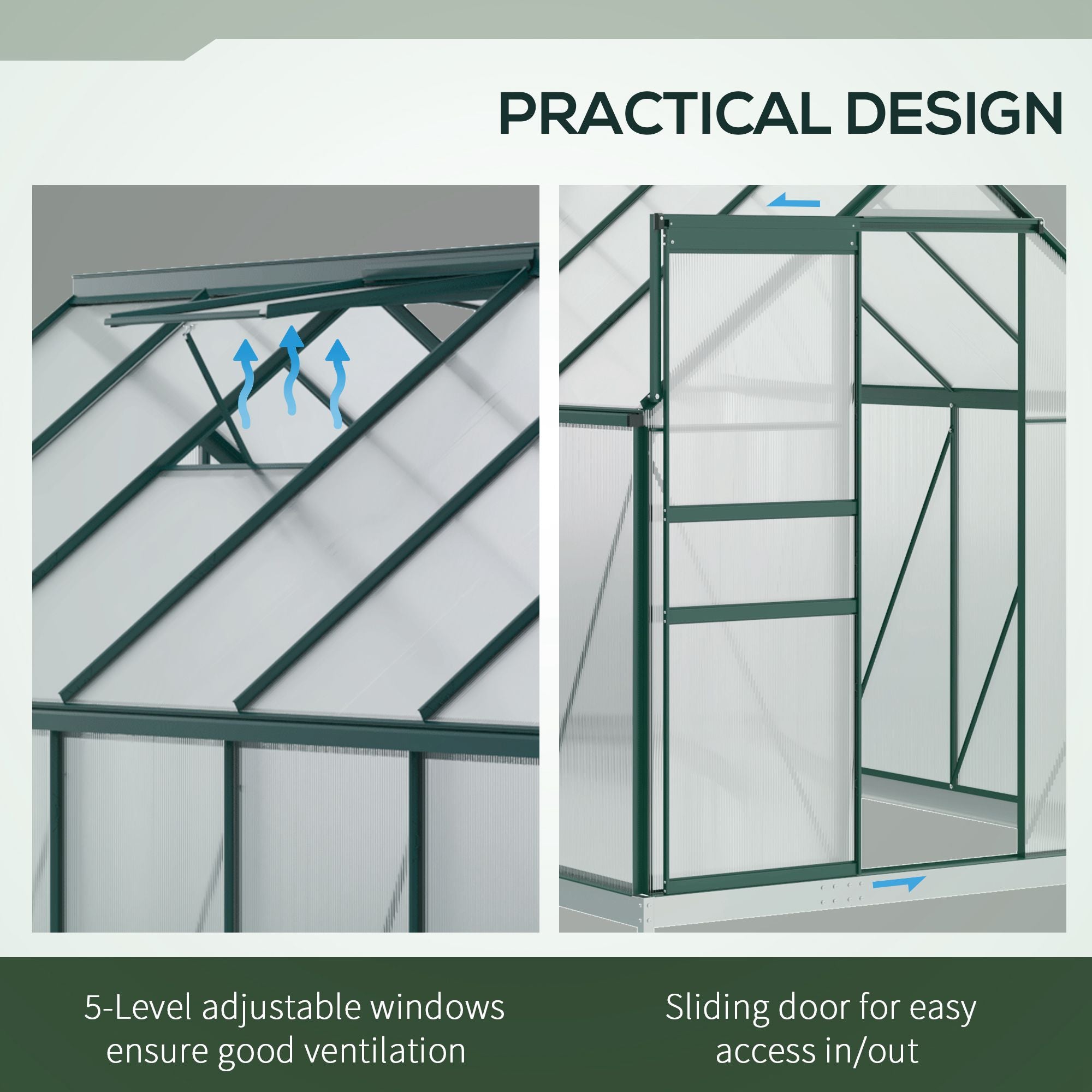 6' x 12' x 6.5' Polycarbonate Greenhouse, Walk-in Green House with Adjustable Roof Vent Galvanized Base Sliding Door Rain Gutter for Outdoor Garden Backyard, Green