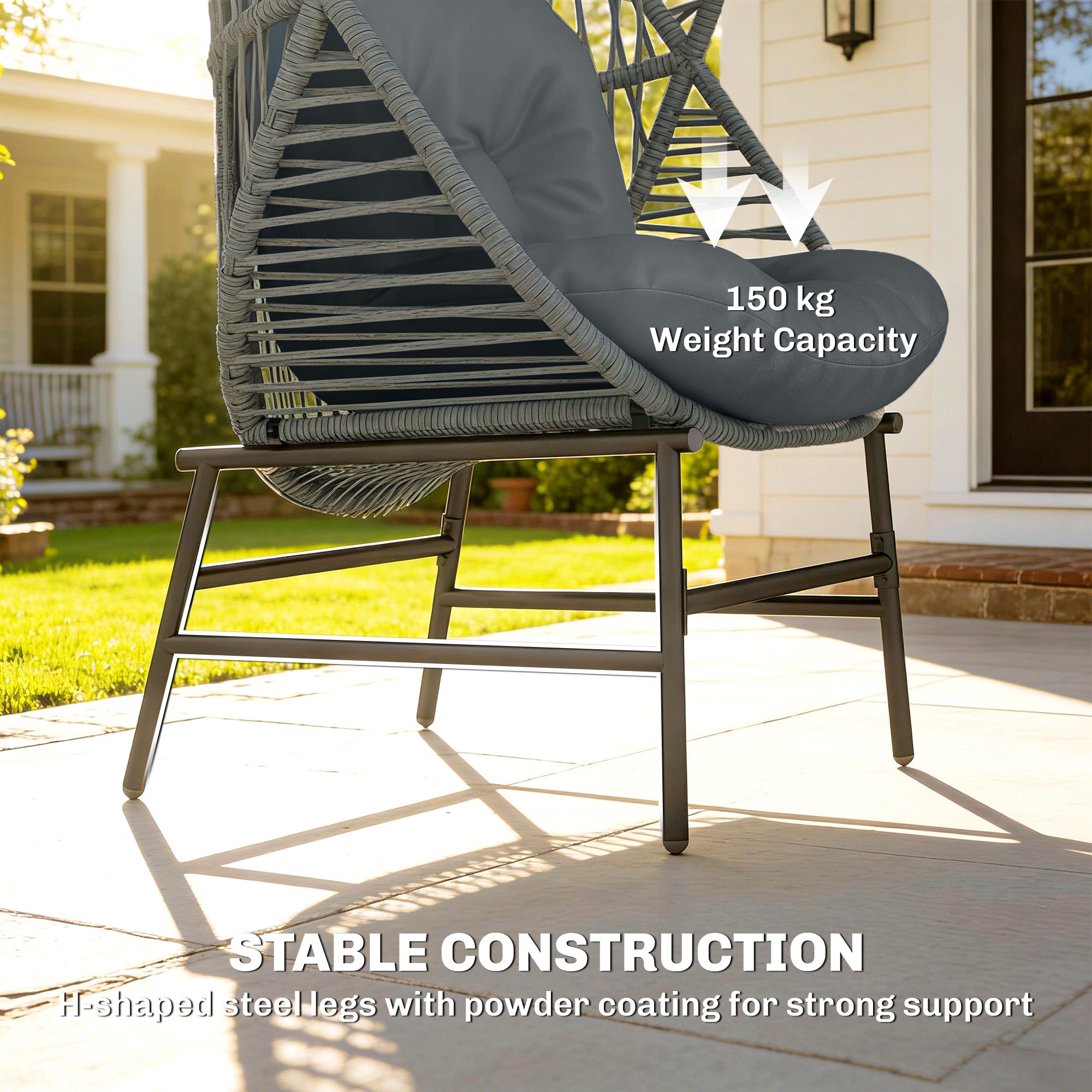 Wicker Egg Chair, 330 lbs Outdoor Rattan Lounge Chair with Thick Cushion, Headrest, Steel Frame, Dark Grey