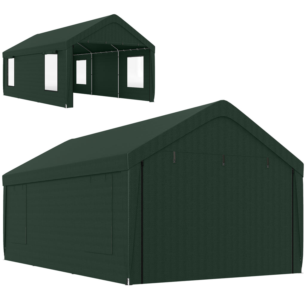12 x 20ft Carport with 2 Roll-Up Doors, 4 Windows, Portable Garage with Removable Sidewalls for Car, Truck, Dark Green