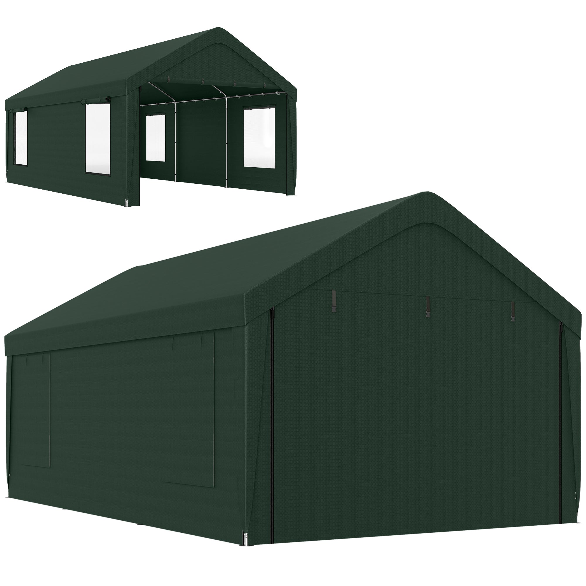 12 x 20ft Carport with 2 Roll-Up Doors, 4 Windows, Portable Garage with Removable Sidewalls for Car, Truck, Dark Green
