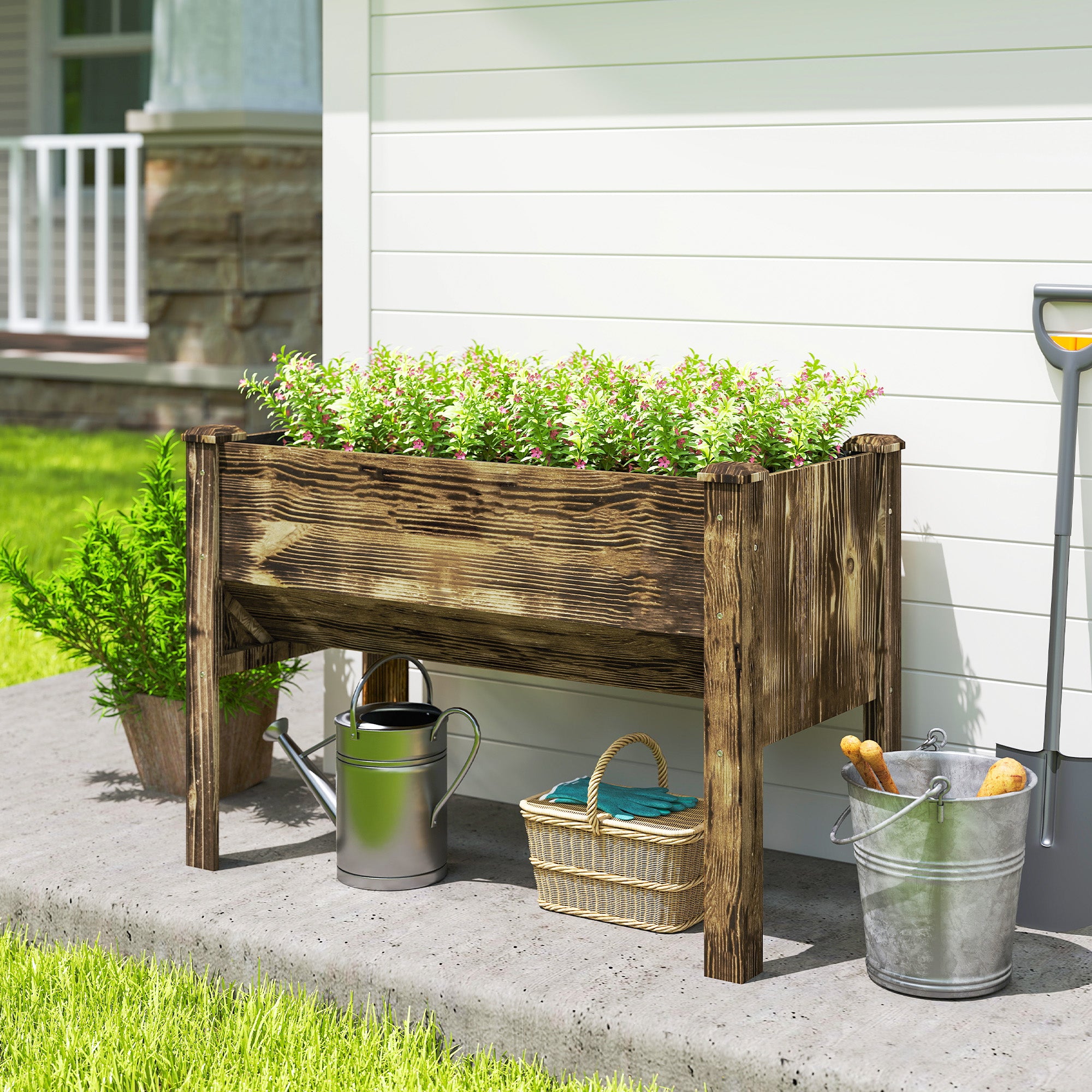 Wooden Raised Garden Plant Stand Outdoor Tall Flower Bed Box with Hooks, 48" x 24" x 32", Carbonized