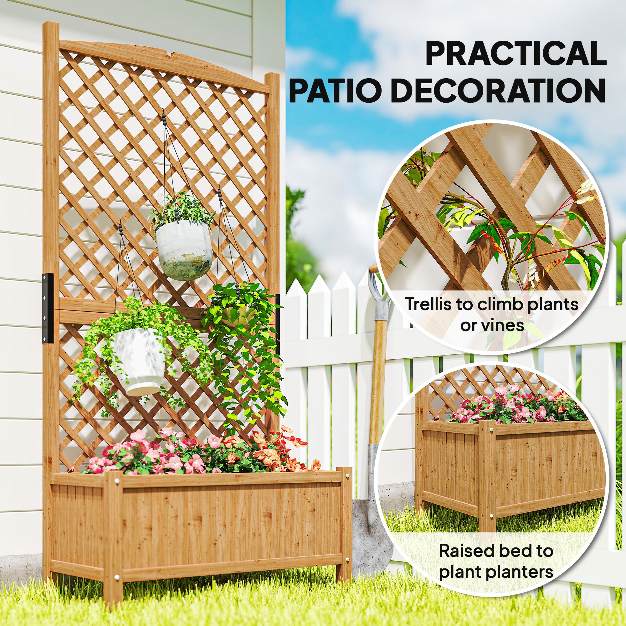 Raised Garden Bed with Trellis, Wooden Raised Planter Box with Elevated Raised Bed, 35.4" x 17.7" x 70.9", Yellow