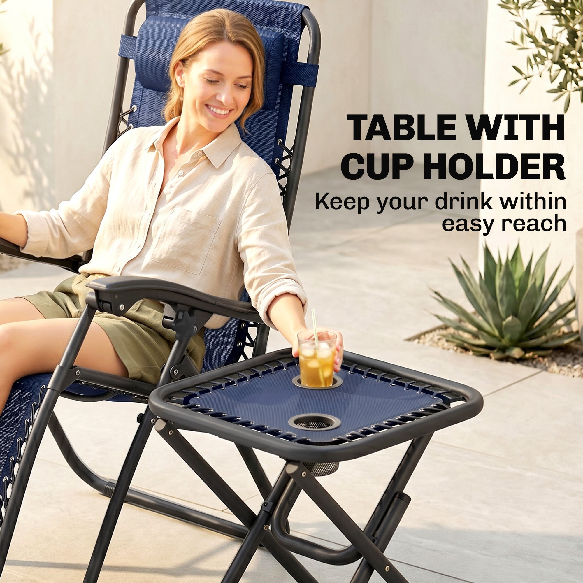 Zero Gravity Chair Set of 2 Patio Chair with Side Table Cupholders and Pillows for Pool, Backyard, Lawn, Blue