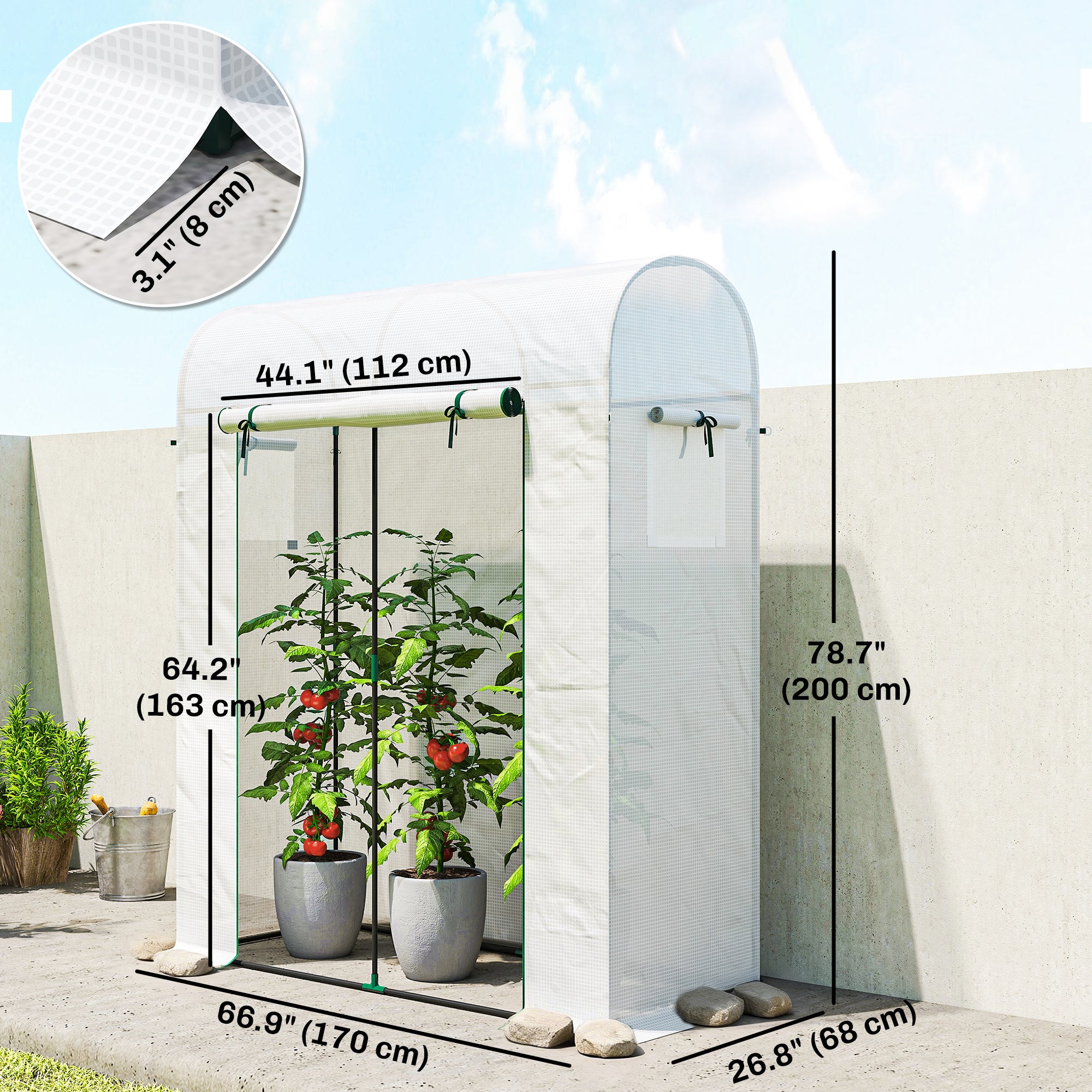 Mini Greenhouse, Portable Garden Green House with Roll-up Door and Mesh Windows, 6' x 2' x 6.6', White
